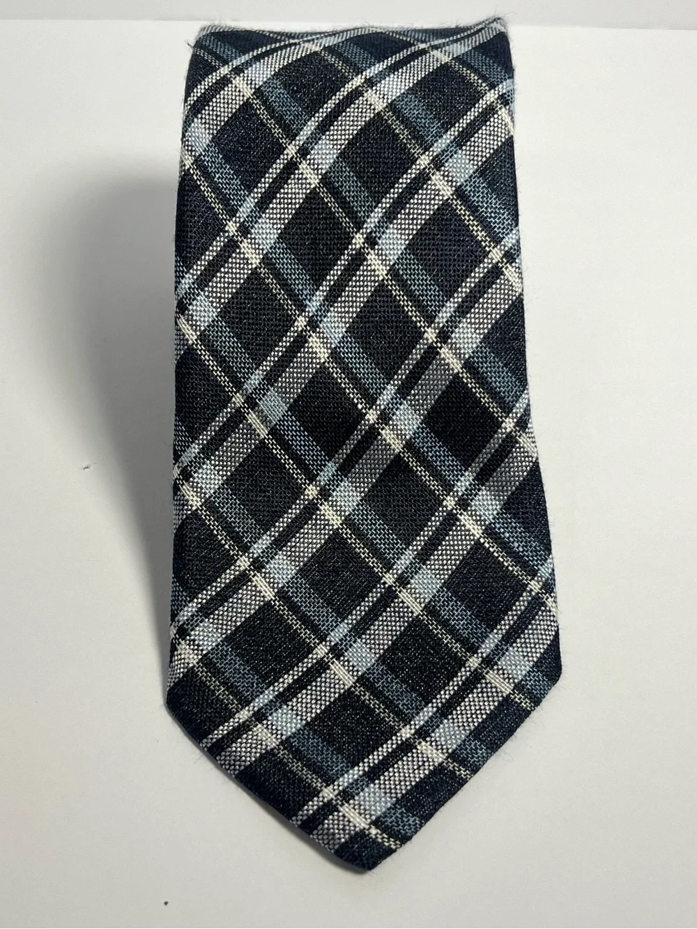 Cremieux Men’s Silk/Linen Plaid Woven Necktie Blue Gray White Italy